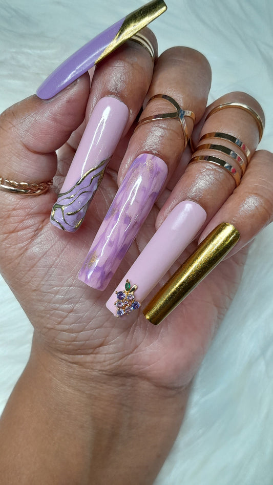 2XL Long Purple/Gold Chrome Press on False Nail with NailArt