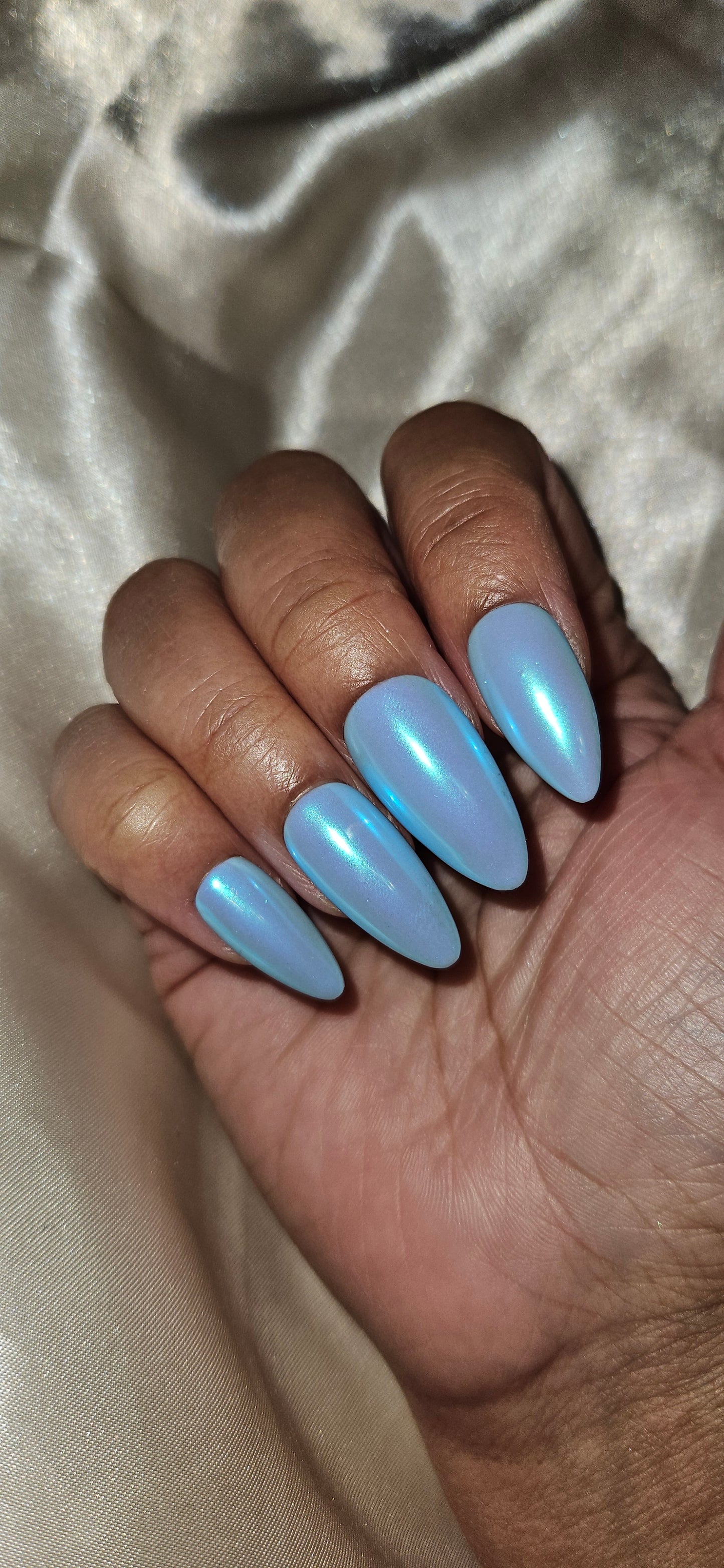 NailMUA Press on Nails - 12 Pieces Almond Light Blue with Pearl Glaze Effect