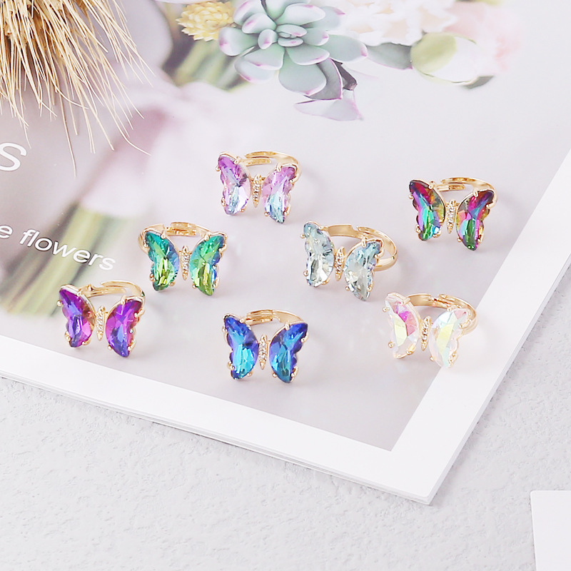 Gold Plated Colorful Butterfly Rings Gradient Crystal Ring