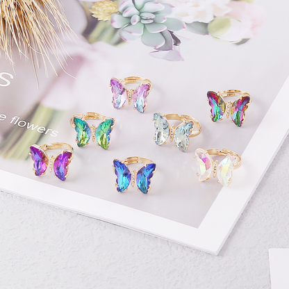 Gold Plated Colorful Butterfly Rings Gradient Crystal Ring