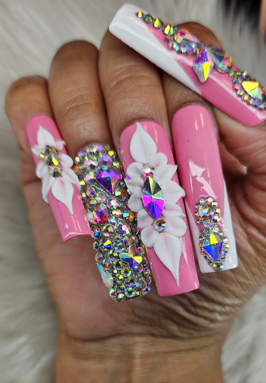 14 pcs LUXURY 2XL Long Square Presson Nails with 3d flowers and Crystal Rhinestones Design