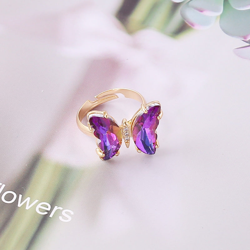 Gold Plated Colorful Butterfly Rings Gradient Crystal Ring